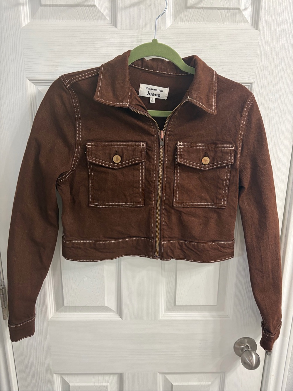 Reformation Brown Cropped Zip-Front Jean Jacket